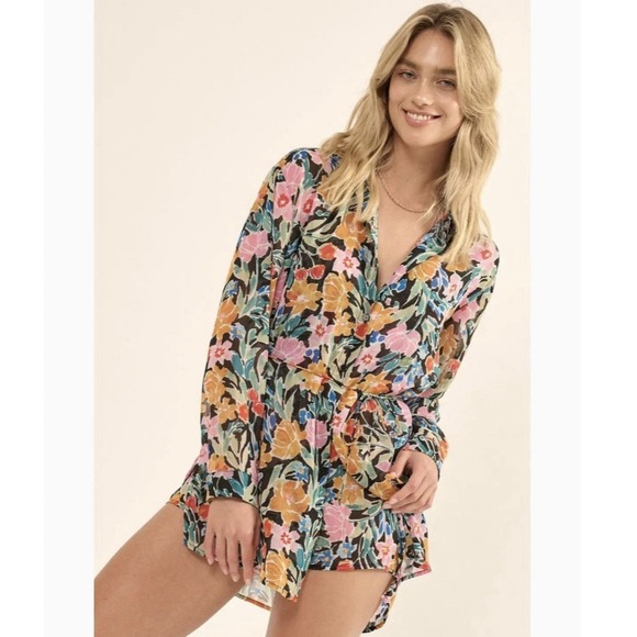 Promesa Pants - Promesa Tulum Black Floral Chiffon Button-Front Shirt Romper Long Sleeve Small‎